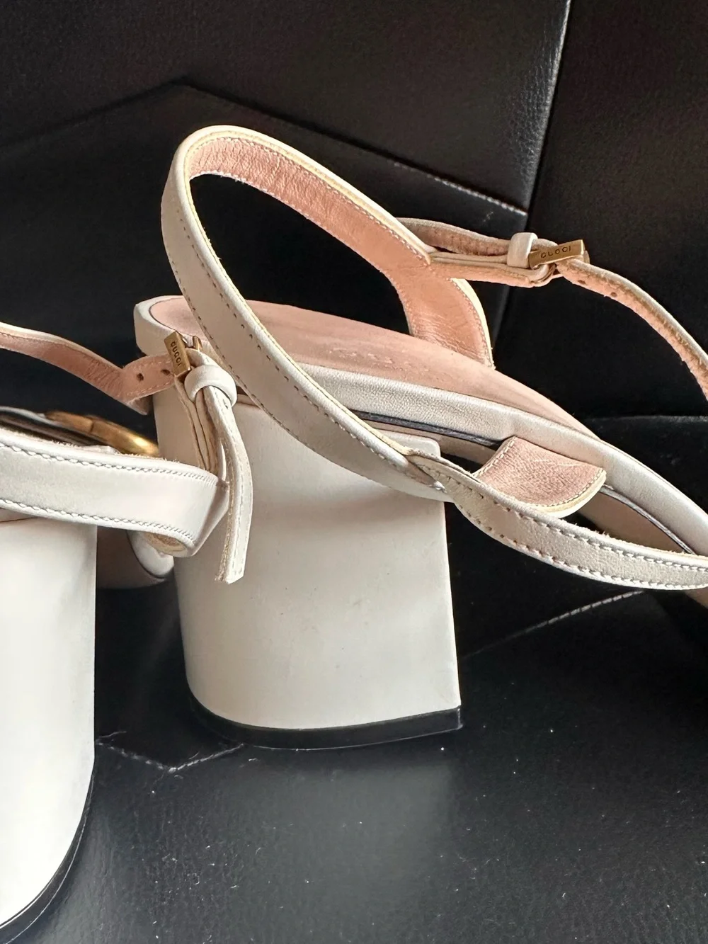 Authentic Gucci White Leather GG Horsebit Strap Heeled Sandals